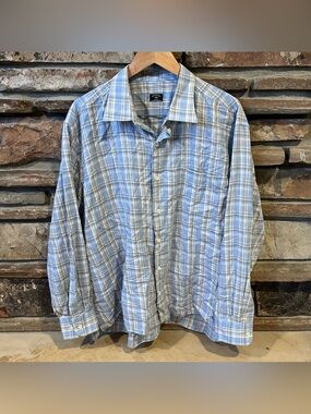 Maus & Hoffman Solemare Aosta Blue and Gray Plaid 100% Cotton Button-Up Shirt